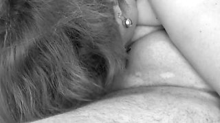 Chubby MILF gives passionate blowjob to her old lover, cum on her big tits in homemade video