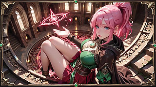 Deep squat teasing under the giant magic array, green battle gear stretched tight.