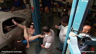 Bound bitch copulated and fisted in public