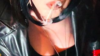 Miss Tina Snua In Leather coat & Gloves Sparks Up A cigarette Then Smokes For You Leather Lovers!