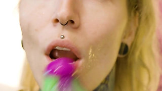 Alt Blonde Girl with Tattoos Masturbate with Crazy Toys