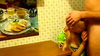 Blonde Girl's Kitchen Table Blowjob and Hardcore Fuck