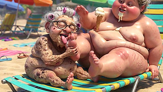 Elderly Granny Passionately Sucking BBW Feet on the Beach