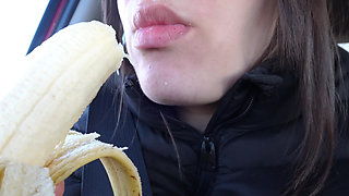 My Indian Stepsister Sucks Banana in Car and Does Mouth Fetish After Sucking Banana and Eating It