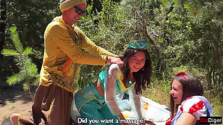 Cute Princesses Jasmine and Snow White Get Fucked by Rough Guys in a Fairy-tale Forest