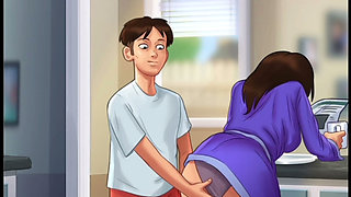 Stepmom cooking food in kitchen in underwear only