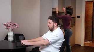Secretary MariMoore deep-throats a cock and has rough sex with her boss while his wife is in the next room