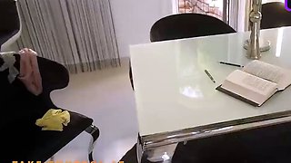 Four sexy chicks give a hefty blonde doll a group blowjob