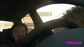 Nyllady's Footjob to Gearshift and Wheel in Patterned Pantyhose