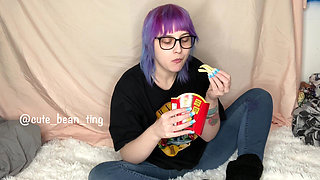 Alice Eats a Burger and Fries Topless