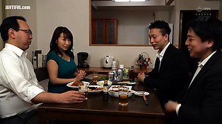 Blonde milf housewife having group sex in a kitchen