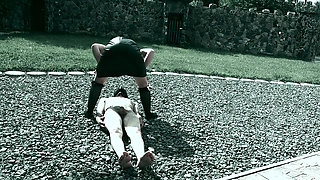 I allow him to wank while I PISS on his COCK - Toilet slavery Castle Outdoor