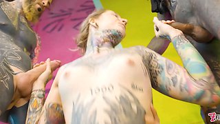 Tattooed maid demolished 3 dongs, Double Penetration savage rectal gapes