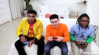 Stepmom takes two cocks while nerdy son plays games